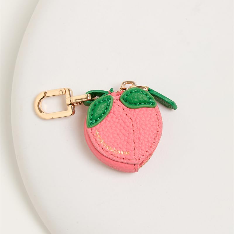 Peach Fruit Charm coin purse genuine leather cowskin cute keychain mini pouch for Airtag Wallet gift for girl women
