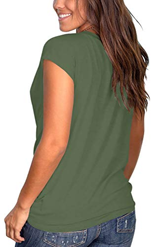 Women's Casual Short Sleeve Tops Solid Front Twist Round Neck T-Shirt Blouse Army Green L #TOP3