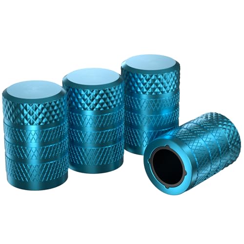 Image of CKAuto Tire Valve Stem Caps, Cyan, 4 pcs /Pack | Anodized Aluminum Tire Valve Cap Set, Corrosion Resistant, Universal Stem Covers for Cars Trucks Motorcycles SUVs and Bikes