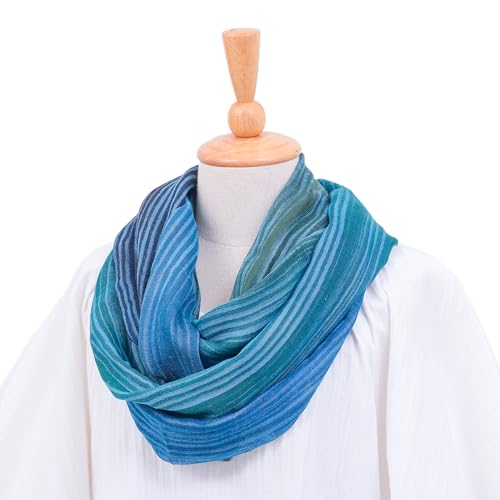 NOVICA Artisan Handmade Cotton Infinity Scarf Artisan Crafted 100% from Thailand Accessories Scarves White Green Teal Blue Striped Woven Travel Friendly ' Seaside Breezes'4