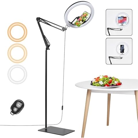 UTEBIT 12" Overhead Ring Light with 73" Height Tablet Floor Stand, LED Circle Lights with Phone Holder for Live Stream/Video Recording/Makeup/YouTube/TikTok Cover