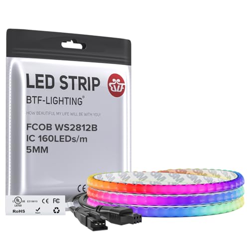 BTF-LIGHTING FCOB COB XGB1338(WS2812B) IC RGB 160LED/m 160IC LED Strip DC5V 3.2FT Individual Addressable Flexible High Density Uniform Light Dream Chasing Color 0.19in Width(NO Adapter or Controller)