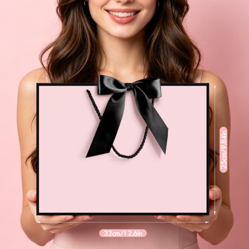 Image of JMANNI Gift Bags with Handles, 13 inch Medium Gift Bag for Presents, 4 Pcs Bags with 8 Tissue Paper and 4 Cards for Graduation Baby Shower Wedding Fathers Day Mother's Day Birthday Party(pink-black)