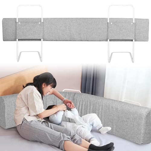 LARS360 Barrera de cama de 150 cm, altura ajustable, protección para el borde de la cama con cremallera y tira de botones de presión, accesorios portátiles para cuna (gris lino)