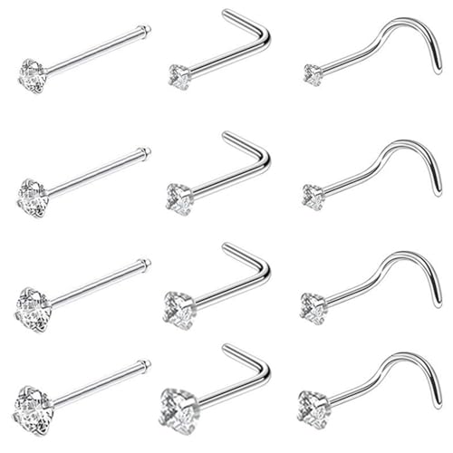 12 Pcs Nose Studs Sterling Silver Set,Hypoallergenic titanium nose stud,1.5/2.0/2.5/3.0mm Cubic Zirconia Nose Ring