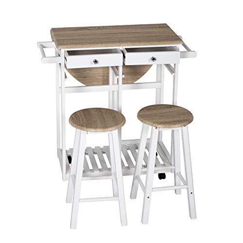 Breakfast Cart with Stools Wood Kitchen Island Cart with with Wheels Trolley Dining Table Stool Set with Folding Drop Leaf