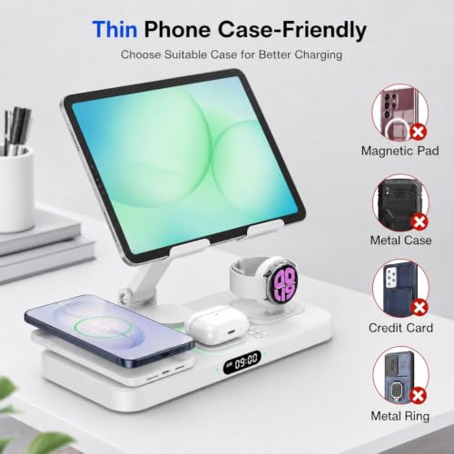 Image of 6 in 1 Charging Station for Samsung Multiple Devices, Foldable Wired Charging Stand for iPad /Tab with Clock & Light, Charger for S26 /S25 Ultra /Z Fold 7 & Buds, Only for Galaxy Watch(White)