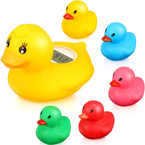 Image of Duck Baby Thermometer Baby Bath Floating Toy Digital Bath Thermometer Water Temperature Thermometer with 5 Pcs Colorful Rubber Ducky Bath Toy for Bathtub Pool