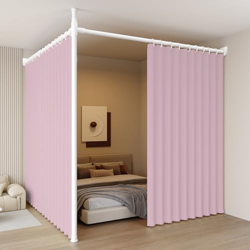 つっぱり式 間仕切りカーテンポール レール 自立式 パーテーション かんたん突っ張り ?度 2.6-3.1米+3.6-4.1米 高度 210cm-310cm 窗? 220cm 非破壊設置 調節可能 ドリル不要 工具不要 3ポール カーテン付きX2 ピンク