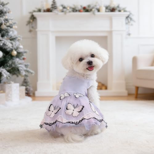 Vestido tutu con perlas y mariposa para perro, rosa L