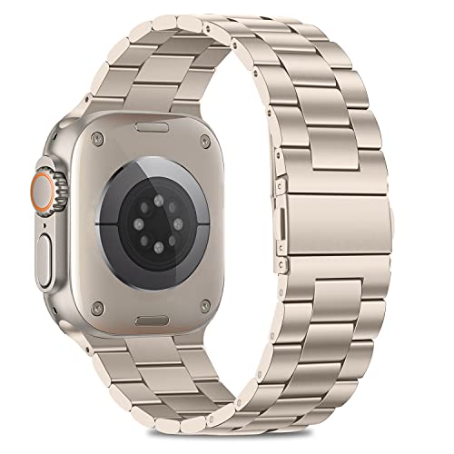Image of HITZEE Compatible with Apple Watch Ultra Band 49mm Business Stainless Steel Metal Strap Men Women Link Bands Compatible for Apple Watch Ultra 3 /2 /1, 49mm Starlight
