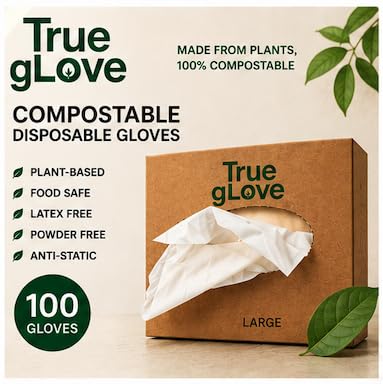 True gLove Compostable Disposable Gloves 100 Pack | Food Safe, Powder Free & Latex Free | Single Use Gloves for Food Prep, Cleaning & Catering | Medium