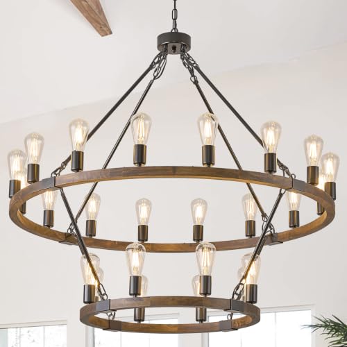 Image of Oak Wooden Wagon Wheel Chandelier 24-Light 43.3 inch Light Fixture