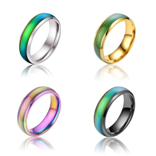 BDEPSTR Anillos Acero Inoxidable,4 Piezas Anillo de Humor Que Cambia de Color, Acero Inoxidable, Ideal para Fiestas, Cumpleaños, San Valentín y Aniversarios