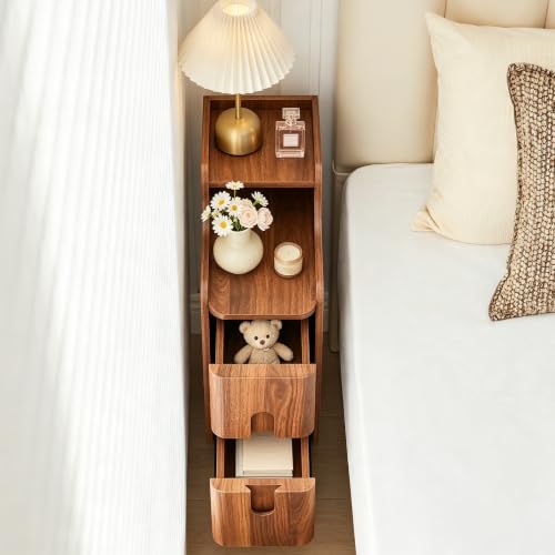 Image of FurSch Narrow Nightstand, Wooden 2 Drawer, Walnut, 1 pc
