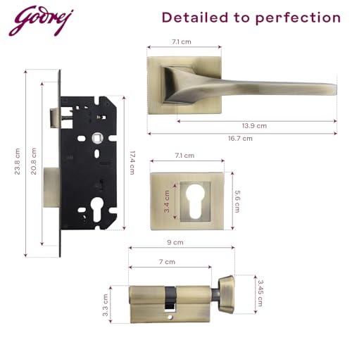 Image of Godrej Mortise Lock | Twist Rossette Home Decor Handle | Antique Brass Finish | 9 Inch Lockbody | 70 mm 1CK Cylinder - Knob from Inside and with 4 Keys| 5 Years Warranty