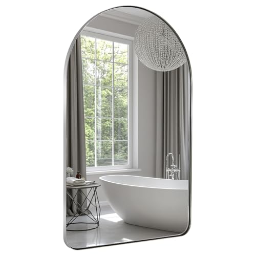 Image of ANDY STAR Chrome Bathroom Mirror, 20 inch x 30 inch Arch Mirror in Stainless Steel Metal Frame, Chrome Arched Bathroom Mirror for Wall, Arch Top Rounded Corner 1 inch Deep Set Design Wall Mount Hangs Vertical