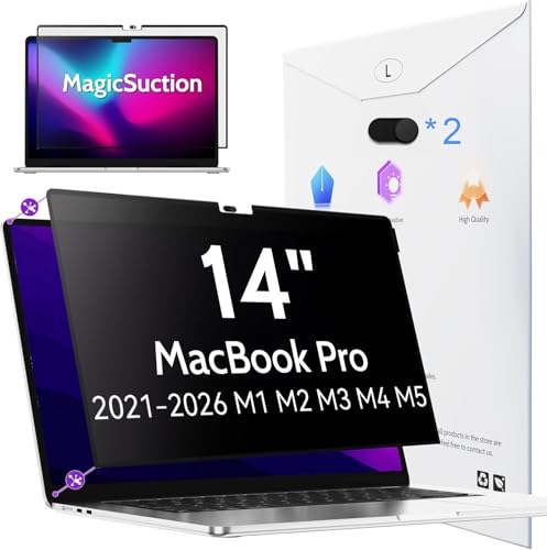 Image of Peslv Privacy Screen for MacBook Pro 14 Inch (2021-2026, M1, M2, M3, M4, M5), MagicSuction Removable Anti Spy Black Protector, Glare Blue Light Filter for Mac Laptop Computer