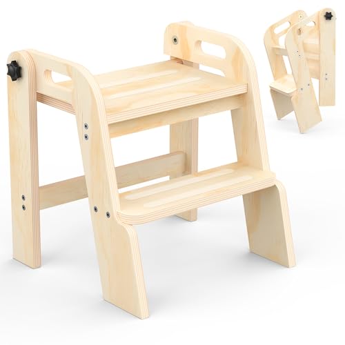 Wooden Toddler Step Stool Foldable 2-Step Stool for Kids Bathroom Sink Toilet Potty Training with Handles Anti-Slip for Kitchen Nursery Bedroom