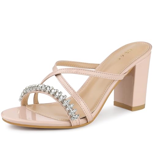 Allegra K Women's Rhinestone Block Heel Slide Sandals Beige 5 UK/Label Size 7 US