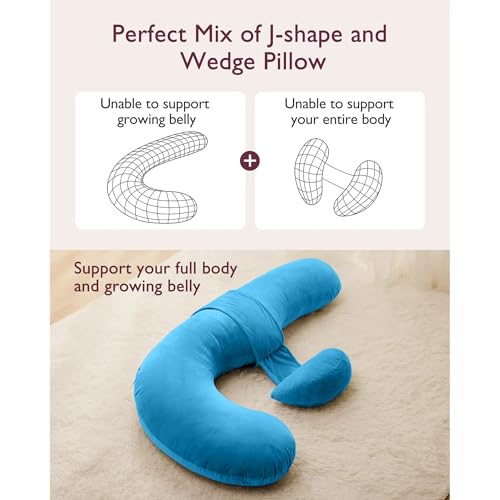 Image of J-Shaped Sleeping Pregnancy Pillow| Removable Velvet Covers| PregnoCare Fibres| Baby Shower Gift, Maternity, Nursing| Full Body Soft-Support Bump, Head, Back, Shoulder, Hips, Legs and Belly (Sky Blue)