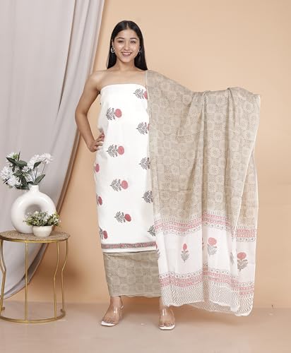 Image of NISHIRE Women's Cotton Jaipuri Hand Block Print Unstitched Suit Material with Cotton Mulmul Dupatta
