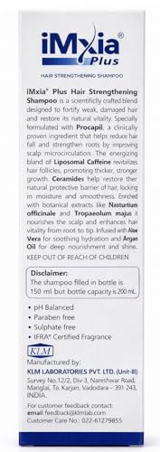 Image of iMxia Plus Hair Strengthening Shampoo with Procapil Advantage | Sulphate & Paraben Free | Helps Reduce Hair Fall & Strengthen Roots | Nourishes Scalp & Protects Hair Damage | 150 ml