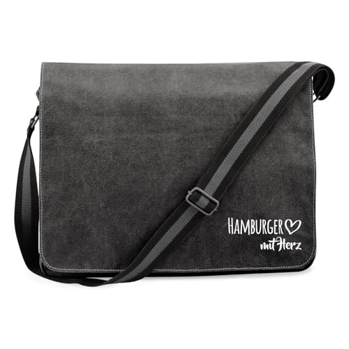 Huuraa Umhängetasche Hamburger mit Herz 14 Liter Black Canvas Laptoptasche Geschenkidee
