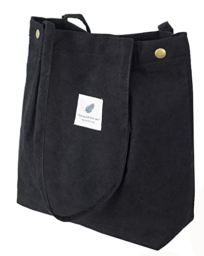 VOKUVIKU Umhängetasche Damen Groß Schule Shopper Beuteltasche Cord Tasche Gross Jutebeutel Bedruckt Stofftasche Baumwolltasche XXl Vintage Tragetasche Einkaufstasche, 001 Schwarz