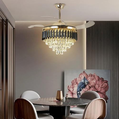 Image of 42 inch Crystal Ceiling Fan Black Gold Chandelier with Remote | Retractable Blades | LED Light (3 Color Modes) | Modern Luxury Fan Light for Living Room & Dining Fan Chandelier