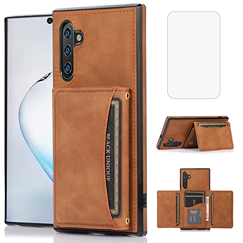 NKECXKJ Design for Samsung Galaxy Note 10 Wallet Case with Tempered Glass Screen Protector PU Leather Credit Card Holder Slot Phone Cases Kickstand Shockproof Protective Cover for Women 6.3 inch Brown