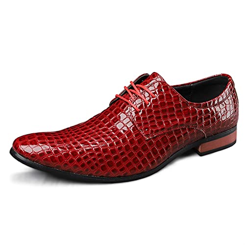 Dress Oxford Shoes for Men Lace Up Crocodile Embossed Derby Shoes Pointed Toe Vegan Leather Non Slip Low Top Anti-Slip Rubber Sole Wedding(Red,10 M US)