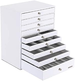 Seelux Jewellery Box, Extra Large Jewellery Storage Organiser, 9 Drawers with 9 Board Support, Faux Leather Jewelry Case for Rings, Earrings, Necklaces, Bracelet, Watches, Gift Case, White, Reusable