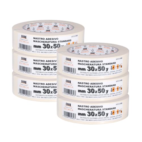 PENNELLIFICIO 2000 | Juego de 6 cintas de papel para enmascarar y para pintores, eliminación sin residuos, antimanchas, tamaño 30 mm x 45 m, fabricado en Italia