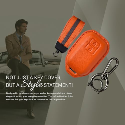 Image of Keyzone Royal Leather Key Cover for Victoris, Swift, DZire, Baleno, Ertiga, Grand Vitara, Brezza, Fronx, Jimny XL6, Ignis, Glanza, Urban Cruiser Hyryder, Rumion 2 Button smart Key (Sunset Orange)