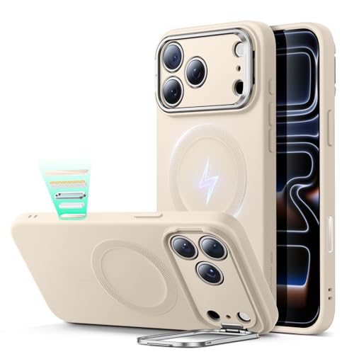Image of ESR for iPhone 15 Case, MagSafe Silicone Case with Stand, Military-Grade Protection, Built-in Camera Stash Stand, Magnetic Phone Case for iPhone 15, Cloud Series, Light Tan
