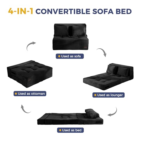 Image of MAXYOYO Convertible Sofa Bed, Fold Out Loveseat Sofa Couch with Pillow, 4 in 1 Tufted Folding Couch Bed Foam Floor Couch, Lazy Chair for Living Room Bedroom Guest Room, Black
