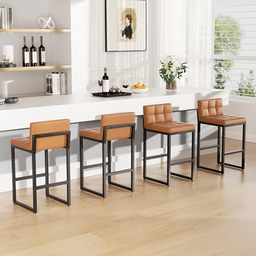 Image of 24 inch Bar Stools Set of 5, Modern Faux Leather Counter Height Bar Stools with Low Back and Footrest, Sturdy Thickened Metal Leg, Upholstered Kitchen Bar Chairs for Island, Orange