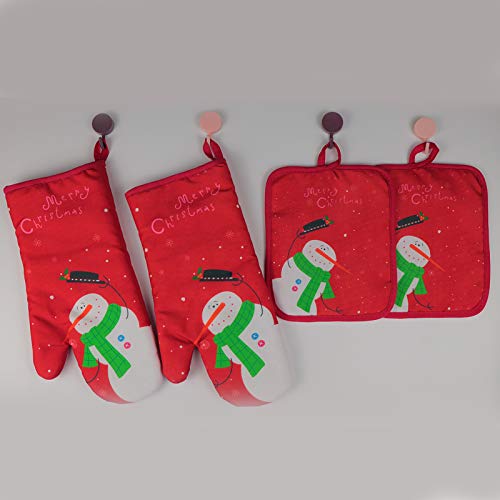 WinChange Oven Mitts and Potholders BBQ Gloves-Oven Mitts and Pot Holders with Recycled Cotton Infill Silicone Non-Slip Cooking Gloves for Cooking Baking Grilling (4-Piece Set) (Red Christmas Snow)