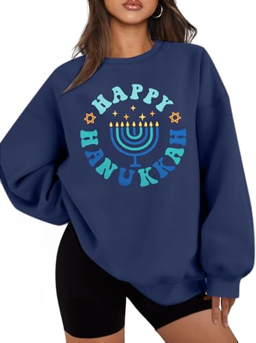 Hanukkah Sweatshirt Ugly Hanukkah Sweater Women Menorah Pullover Casual Crewneck Long Sleeve Tee Tops Blue