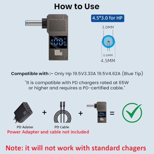 Image of 100W PD USB C to 4.5mm Laptop Charging Adapter for HP, Female Type C to Male DC 4.5 x 3.0mm Barrel Jack Plug Converter, Power Charger Connector Tip for Notebook HP14 /15, Envy 13 /15 (CA184)
