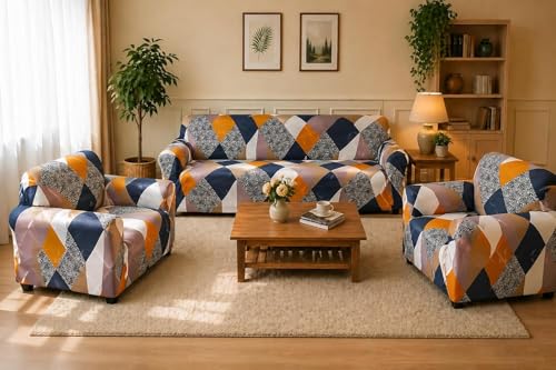 Image of Gifts Island Sofa Cover 3 Seater and 2 Seater Fully Covered Universal 5 Seater Sofa Cover Non-Slip Sticky Elastic Stretchable Sofa Set Slipcover Protector for (3+1+1 Seater) (Orange Prism)