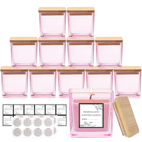 CONNOO 12 Pack 9oz Pink Glass Square Candle Jars with Bamboo Lids