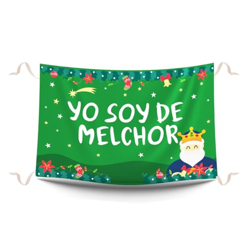 Balconeras de Navidad Yo soy de Melchor. Decoración navideña y colgaduras divertidas de Navidad. Reposteros navideños para decorar balcones impresos en tela mate. Medidas 100 x 70 cm.