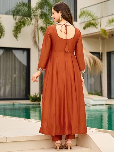 Image of Silk Anarkali Kurta Set, Rust Orange, Embroidered, 3-Piece with Dupatta, Women's Festive Wedding Ethnic Wear.