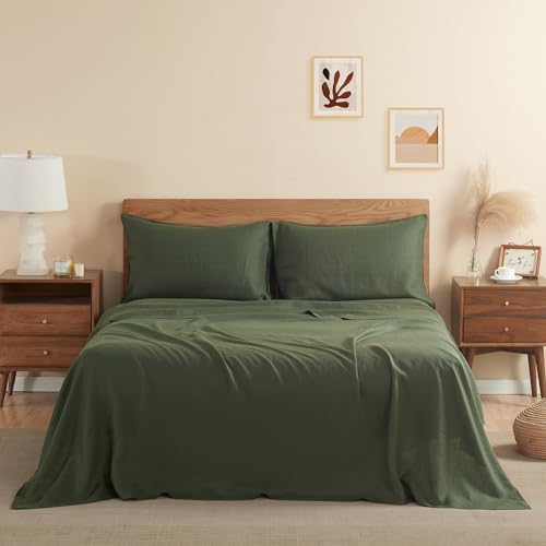 DAPU Pure Linen Sheets Set, 100% French Linen from Normandy, Breathable and Durable for Hot Sleepers, 4 Pcs Set - 1 Flat Sheet, 1 Fitted Sheet, 1 Pillowcase (Olive Green, King)