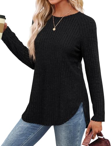 Image of Saloogoe Long Sleeve Shirts for Women 2025 Fall Clothes Tunic Tops Loose Fit Dressy Crewneck Pullover Sweaters Curved Hem