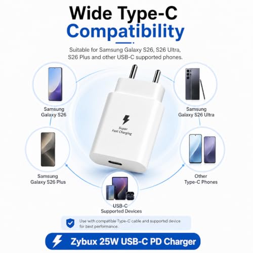 Image of Zybux 25W C-Type Super-Fast Power Adapter Compatible with Samsung Galaxy Z Fold 6|5|4|Ultra|Plus|S24|S23|M17|A17|F07|M35|M36|Tab |S11|S10|S9|FE|Lite| USB-C 25Watt PD 3.0 Quick Fast Adaptor, White