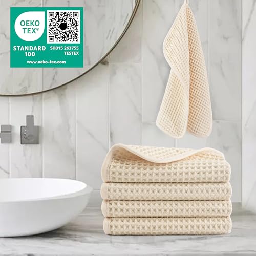 Image of POLYTE 430 GSM Microfiber Lint Free Washcloth Face Towel, 13 x 13 in, 4 Pack (Waffle Weave)