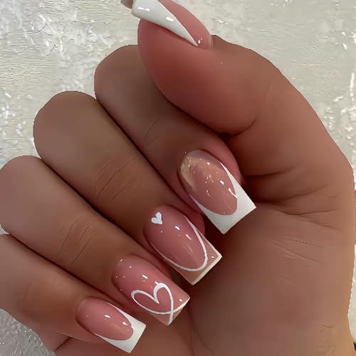 Square Press on Nails Medium - White French Tip with Heart Stripes Design - Glossy Full Cover Stick on  Nails - for Women 24 Pcs